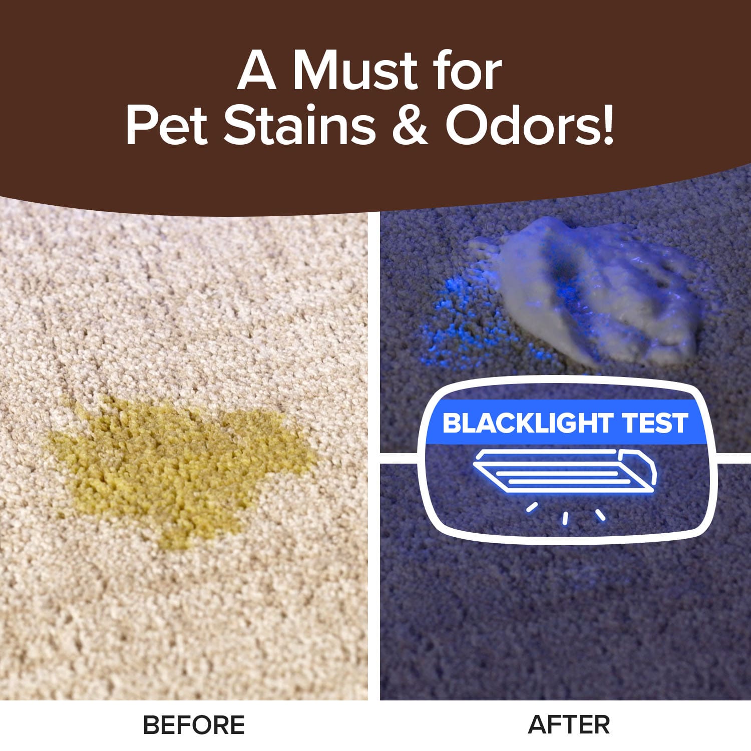 Split image: a yellow pet stain on carpet labeled Before, and the same area clean under a blacklight labeled After. Text: A Must for Pet Stains & Odors! Try Bull Shot Carpet, our pet-safe, powerful foam cleaner—BLACKLIGHT TEST.