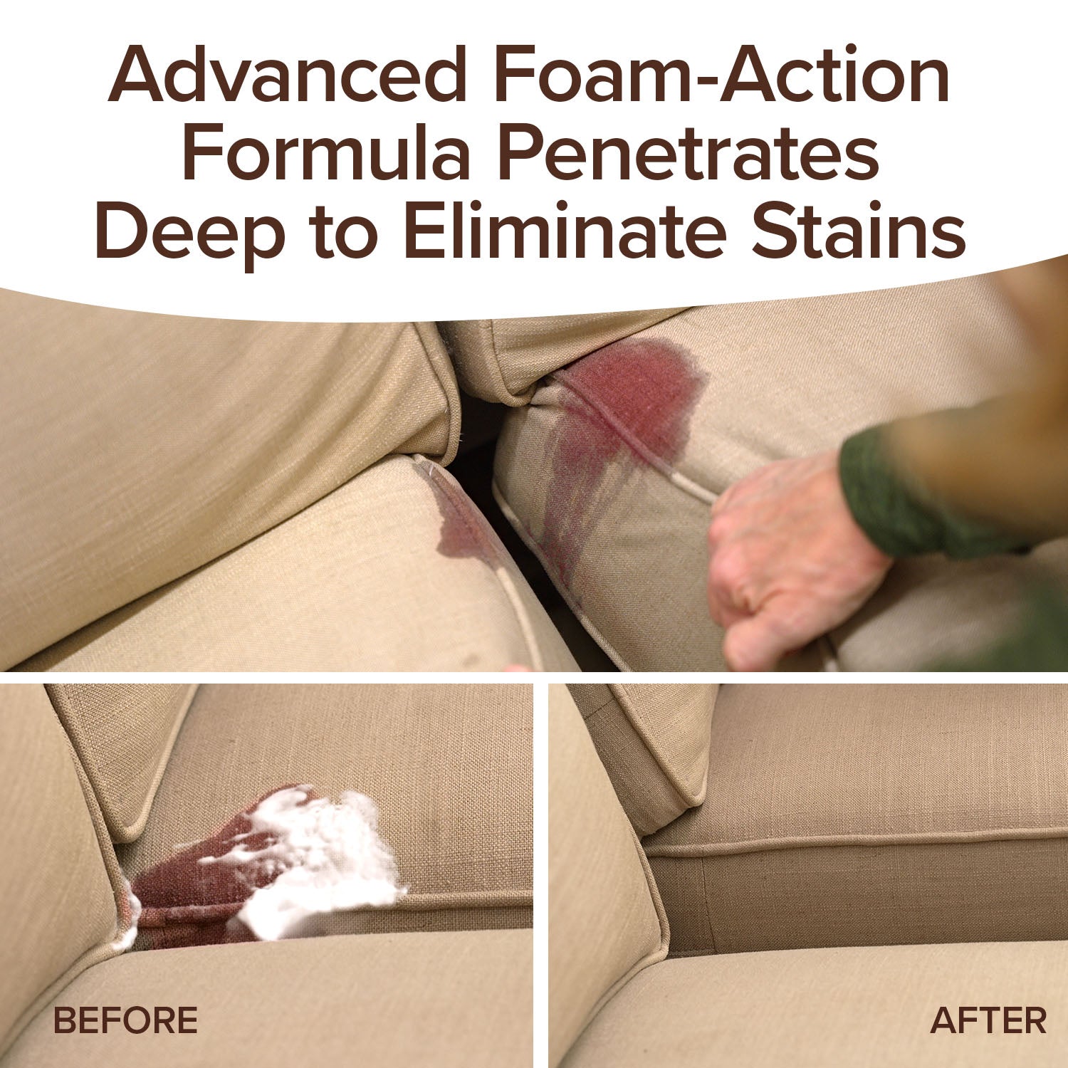 A hand cleans a red stain on a beige couch with Bull Shot Carpet, a pet-safe foam cleaner. Top text highlights deep-cleaning foam action. “Before” and “after” images at the bottom show the stained and cleaned couch.