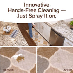 A person sprays Bull Shot Carpet cleaner on a kitchen carpet. The top text reads, Innovative Hands-Free Cleaning — Just Spray It on. Before and After images show this powerful stain remover at work.