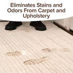 A person in black shoes stands on a light carpet with brown muddy footprints. Text above reads, Bull Shot Carpet removes stains and odors from carpet and upholstery—pet safe for worry-free cleaning.
