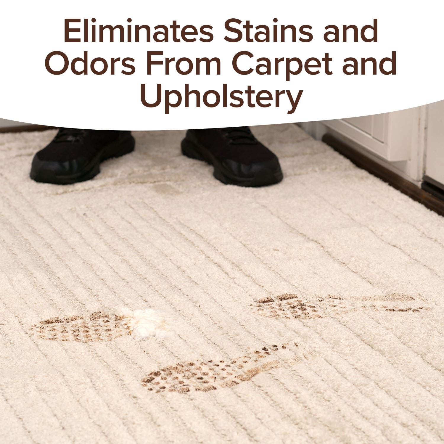 A person in black shoes stands on a light carpet with brown muddy footprints. Text above reads, Bull Shot Carpet removes stains and odors from carpet and upholstery—pet safe for worry-free cleaning.