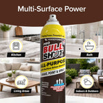 A can of Bull Shot All-Purpose stands centered against a backdrop featuring icons for kitchen, bath, living area, and indoors & outdoors, highlighting its streak-free clean and foaming action for versatile home surfaces.