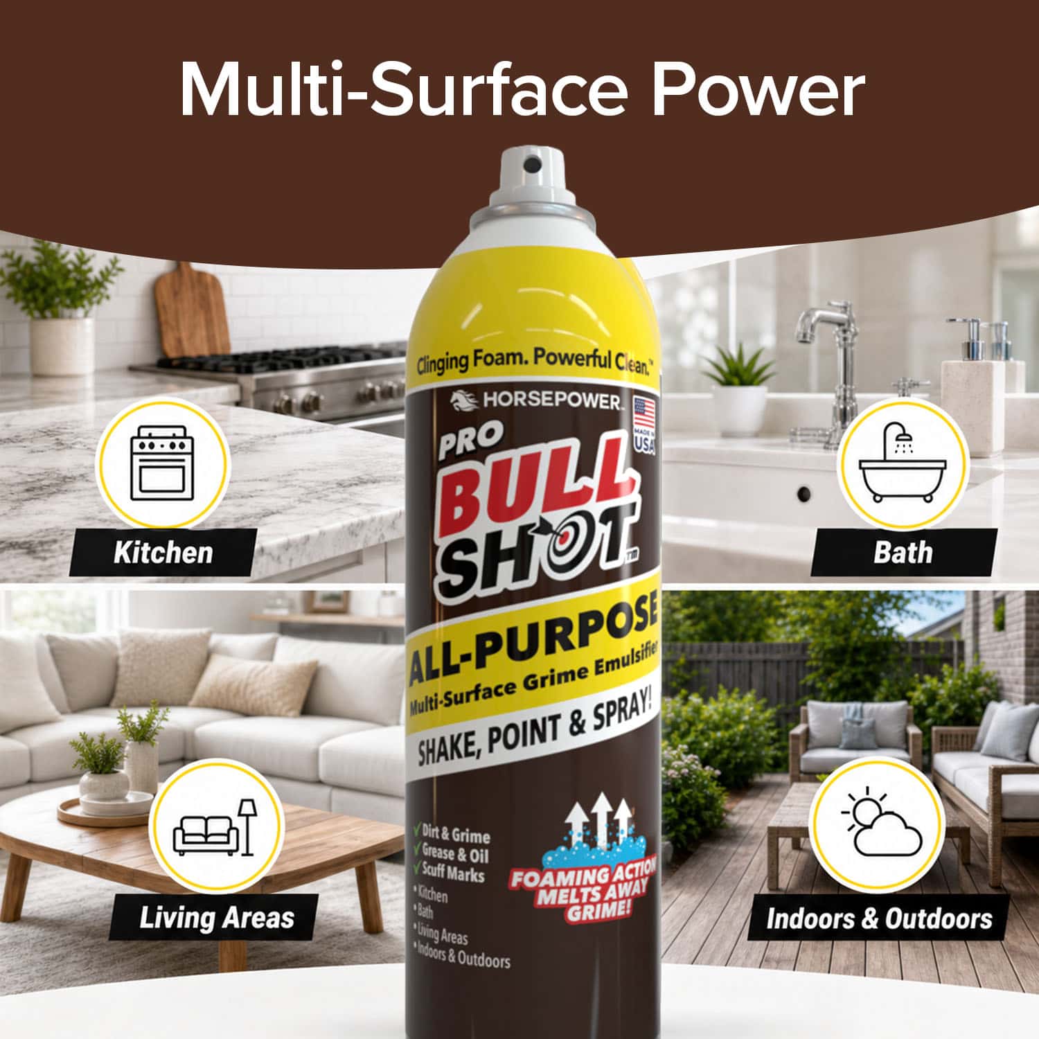 A can of Bull Shot All-Purpose stands centered against a backdrop featuring icons for kitchen, bath, living area, and indoors & outdoors, highlighting its streak-free clean and foaming action for versatile home surfaces.