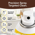 Close-up of Bull Shot All-Purpose spray can with text highlighting features: Easy Aerosol Application, Targeted Spray, Clinging Foam, and Streak-Free Clean. Bubbles float in the foreground against a bright, spotless room backdrop.