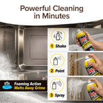 A can of Bull Shot All-Purpose foaming cleaner is seen tackling a greasy oven in three steps: shake, point, spray. Text highlights 