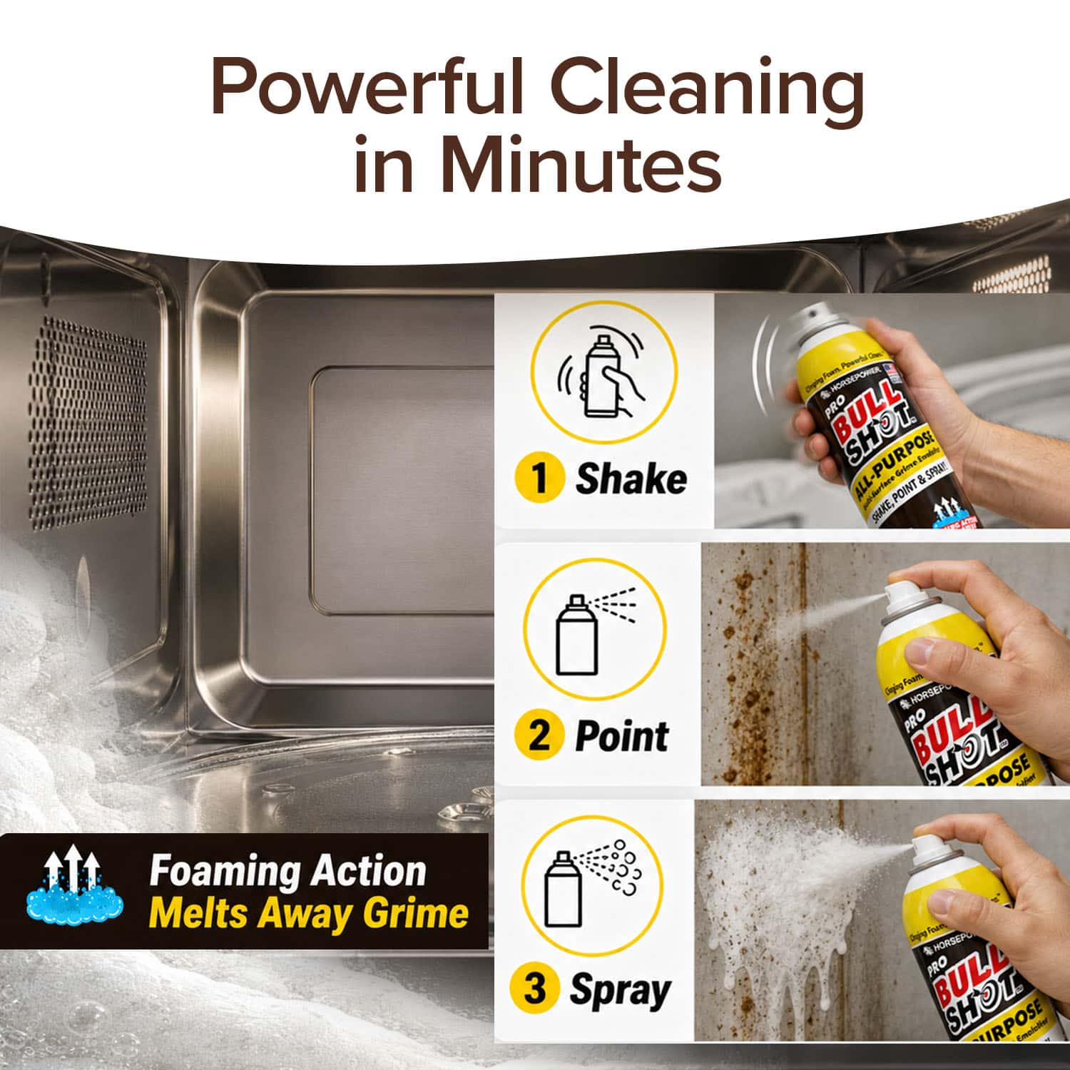 A can of Bull Shot All-Purpose foaming cleaner is seen tackling a greasy oven in three steps: shake, point, spray. Text highlights 