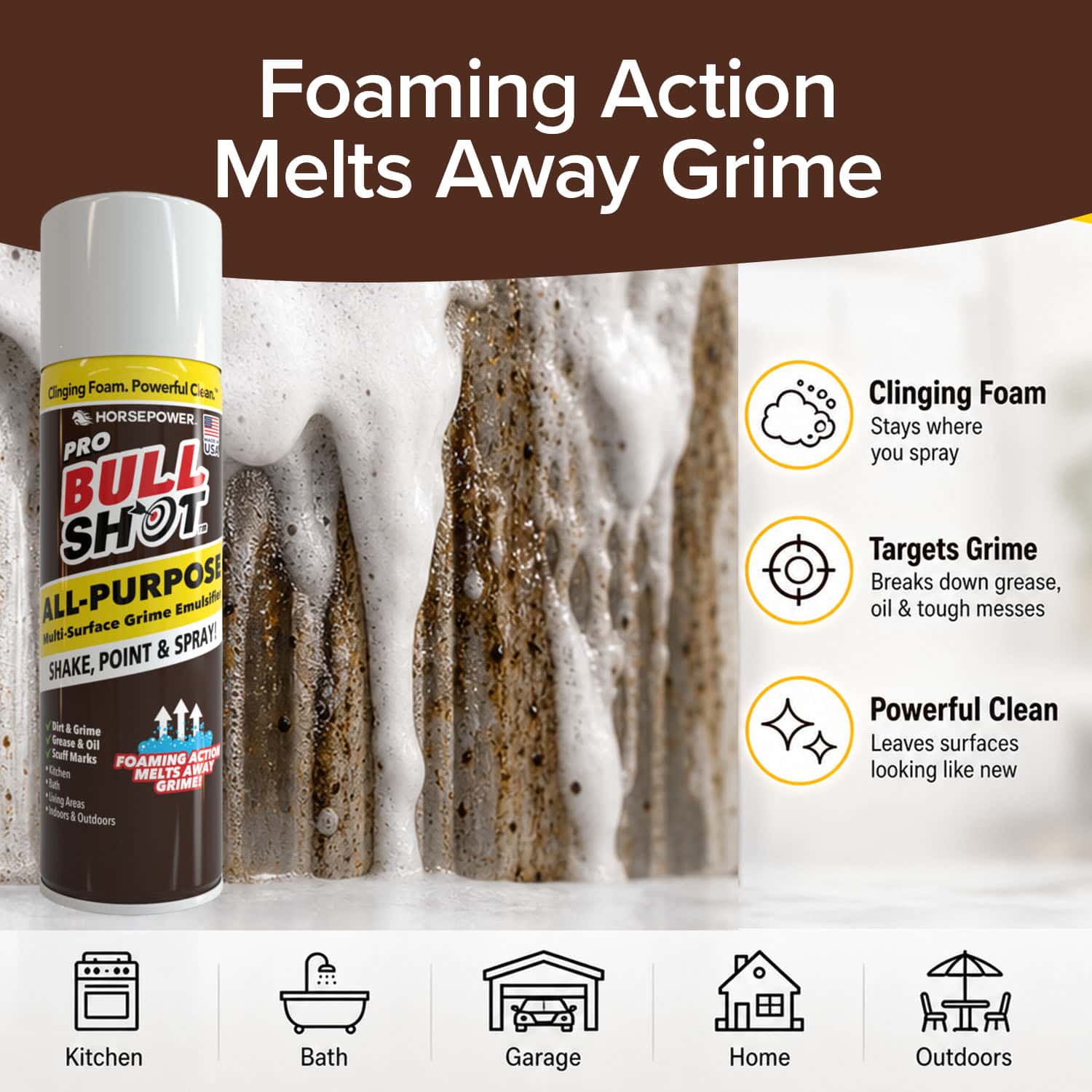 Bull Shot All-Purpose sprays thick, clinging foam to powerfully remove grime for a streak-free clean. Text and icons highlight use in kitchen, bath, garage, home, and outdoors.