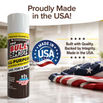A can of Bull Shot All-Purpose sits on a wooden table beside a folded American flag. Text reads Proudly Made in the USA! with a Made in USA badge, guaranteeing quality and a streak-free clean.