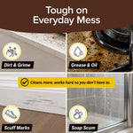 A graphic with four images shows Bull Shot All-Purpose tackling household messes: dirt on a counter, grease on a stovetop, scuffs on a baseboard, and soap scum on shower glass. Text reads “Bull Shot: Tough on Everyday Mess with streak-free clean.”.