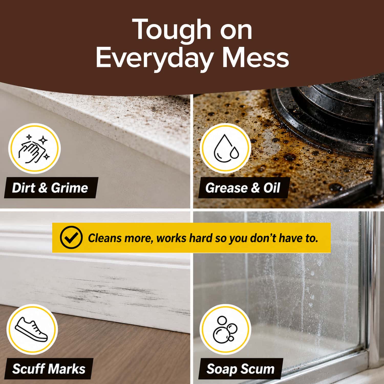 A graphic with four images shows Bull Shot All-Purpose tackling household messes: dirt on a counter, grease on a stovetop, scuffs on a baseboard, and soap scum on shower glass. Text reads “Bull Shot: Tough on Everyday Mess with streak-free clean.”.