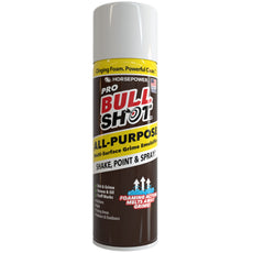 A can of Bull Shot All-Purpose spray with a black, white, and yellow label displays usage instructions and streak-free cleaning benefits for multi-surface use on the front.