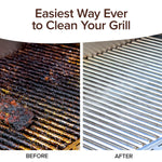 Side-by-side comparison of grill grates: left is dirty and greasy labeled BEFORE; right is shiny, clean, labeled AFTER. Text above reads, Bull Shot BBQ—Easiest Way Ever to Clean Your Grill for better grilling and smoky flavor.