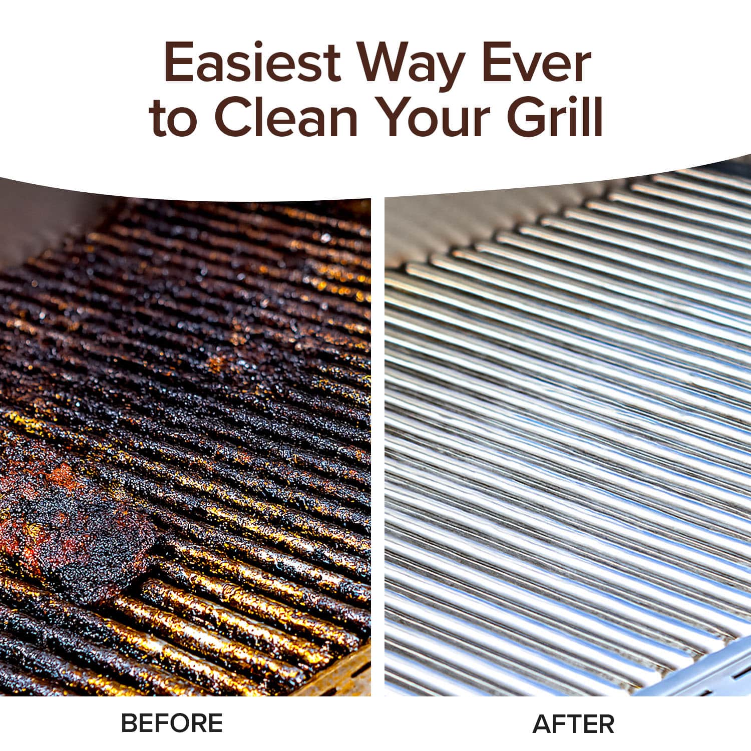 Side-by-side comparison of grill grates: left is dirty and greasy labeled BEFORE; right is shiny, clean, labeled AFTER. Text above reads, Bull Shot BBQ—Easiest Way Ever to Clean Your Grill for better grilling and smoky flavor.