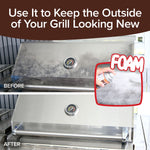 Before-and-after photo of a grill lid—top dirty, bottom clean with Bull Shot BBQ. Inset: a hand sprays Bull Shot BBQ cleaner, perfect for keeping your grilling gear spotless so only delicious marinade and smoky flavor touch your food.