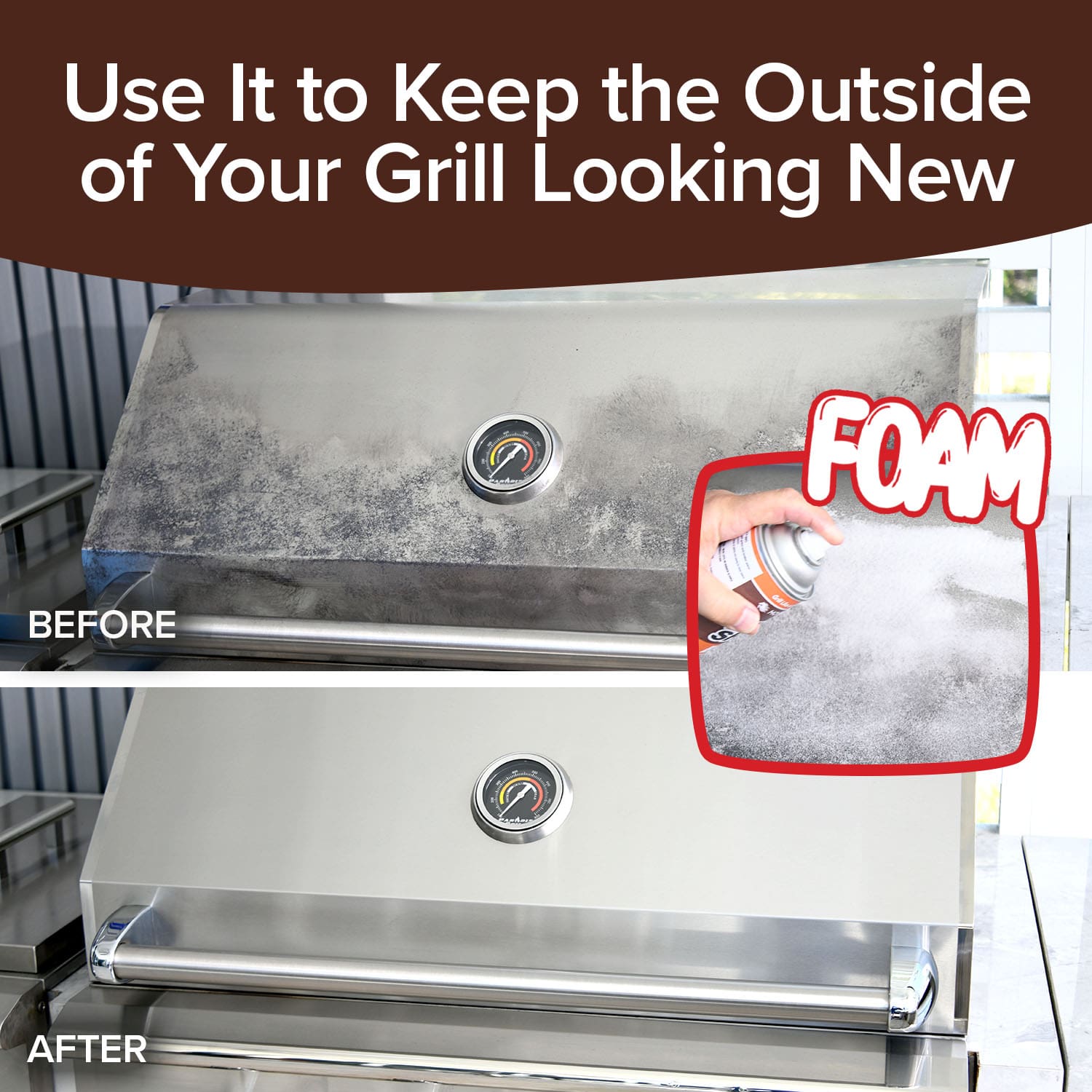 Before-and-after photo of a grill lid—top dirty, bottom clean with Bull Shot BBQ. Inset: a hand sprays Bull Shot BBQ cleaner, perfect for keeping your grilling gear spotless so only delicious marinade and smoky flavor touch your food.