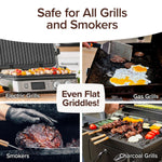 Collage showing Bull Shot BBQ in use on electric grills with kebabs, gas grills with burgers and eggs, a smoker with roast, and charcoal grills with skewers. Text: Safe for All Grills & Smokers—even flat griddles! Perfect for grilling and smoky flavor.