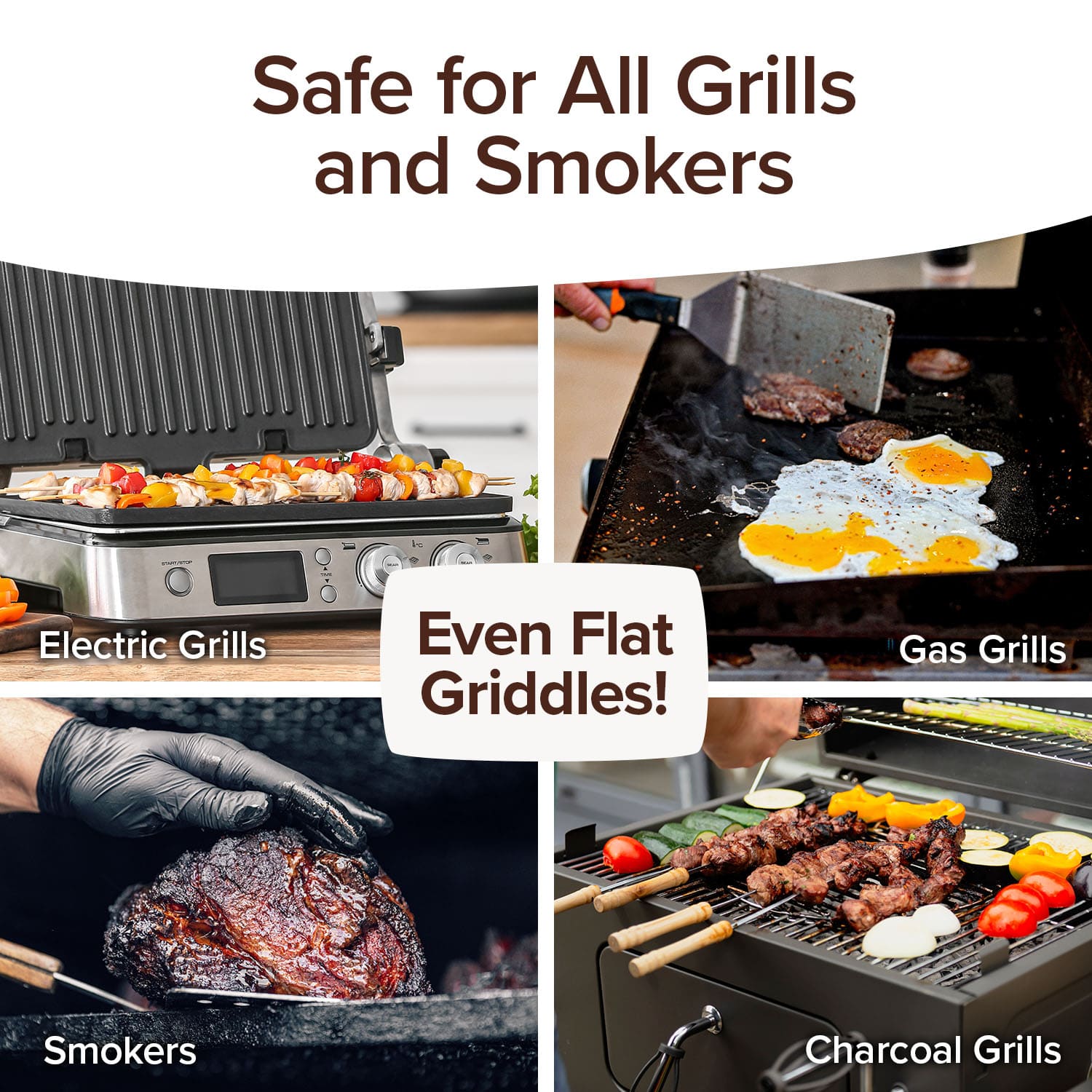 Collage showing Bull Shot BBQ in use on electric grills with kebabs, gas grills with burgers and eggs, a smoker with roast, and charcoal grills with skewers. Text: Safe for All Grills & Smokers—even flat griddles! Perfect for grilling and smoky flavor.