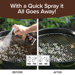 A hand sprays Bull Shot BBQ cleaner on a dirty grill (left); the right shows a spotless grill. Text: “With a Quick Spray it All Goes Away!” and “Before”/“After”—ideal for BBQ marinade or smoky flavor fans.