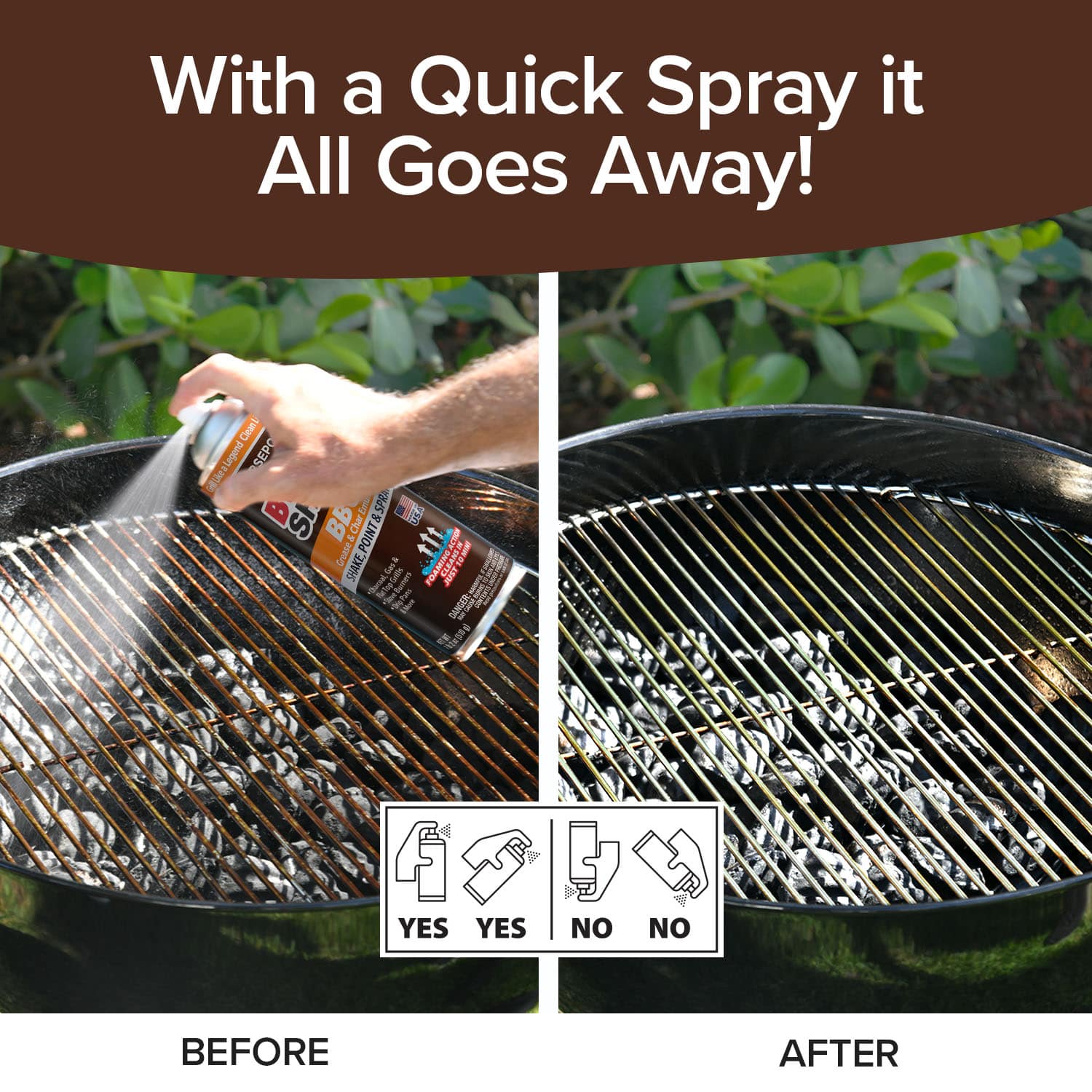 A hand sprays Bull Shot BBQ cleaner on a dirty grill (left); the right shows a spotless grill. Text: “With a Quick Spray it All Goes Away!” and “Before”/“After”—ideal for BBQ marinade or smoky flavor fans.