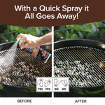 A hand sprays Bull Shot BBQ cleaner on a dirty grill grate—ideal for post-grilling messes. The after image shows it spotless. Text above reads, With a Quick Spray it All Goes Away! Icons and labels highlight effectiveness.