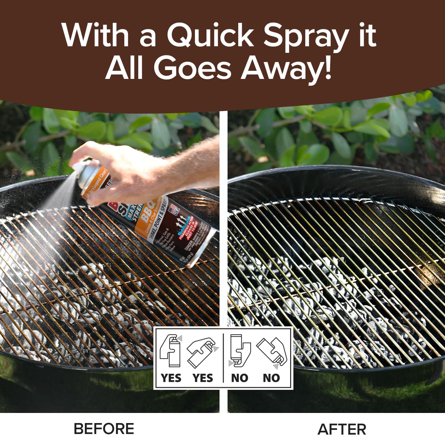 A hand sprays Bull Shot BBQ cleaner on a dirty grill grate—ideal for post-grilling messes. The after image shows it spotless. Text above reads, With a Quick Spray it All Goes Away! Icons and labels highlight effectiveness.