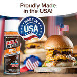 A can of Bull Shot BBQ sits next to a cheeseburger topped with an American flag toothpick. Behind them, a Made in USA badge appears with the message 