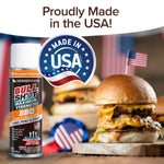A can of Bull Shot BBQ sits by cheeseburgers with American flags. Above, 