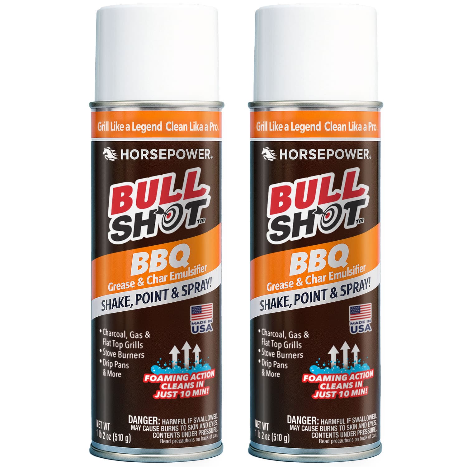 Two cans of Bull Shot BBQ grease and char emulsifier are shown. Labels read: Shake, Point & Spray! Delivers a 10-minute clean—ideal for grills, stoves, or any surface flavored by smoke.