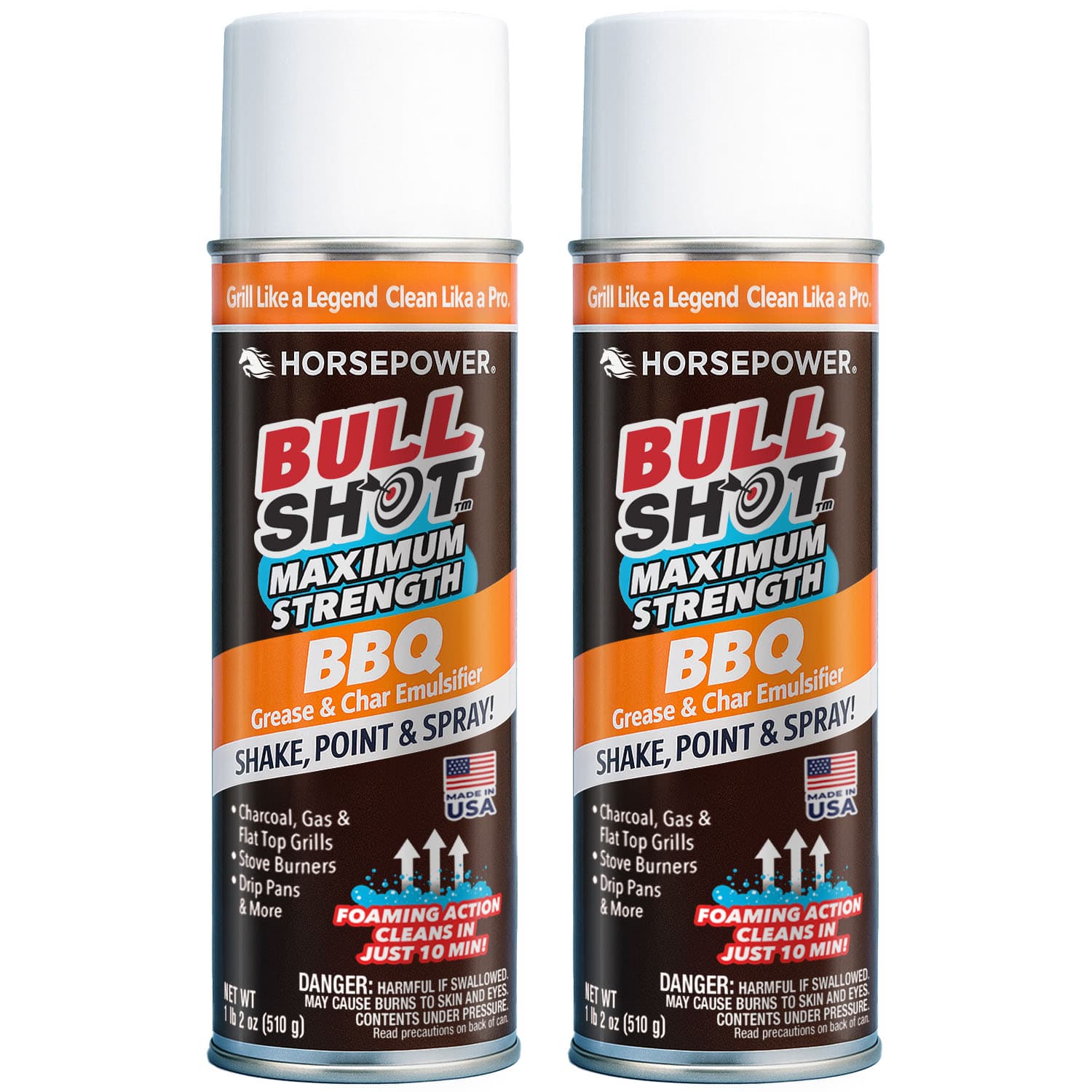 Two 18 oz cans of Bull Shot BBQ cleaner with orange and brown labels marked 