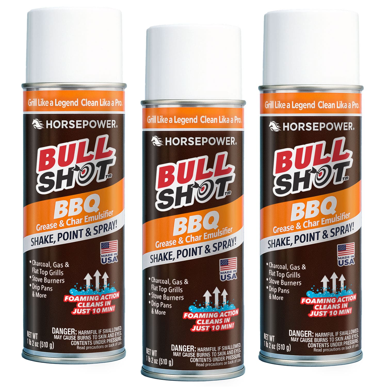 Three cans of Bull Shot BBQ are shown side by side. The labels highlight fast foaming cleaning action for easier grilling, while preserving the grill’s delicious smoky flavor.