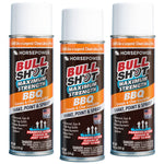 Three 12 oz cans of Bull Shot BBQ cleaner are shown. The labels highlight its grease and char emulsifier formula with foaming action, ideal for grills, delivering fast cleaning in just 10 minutes.