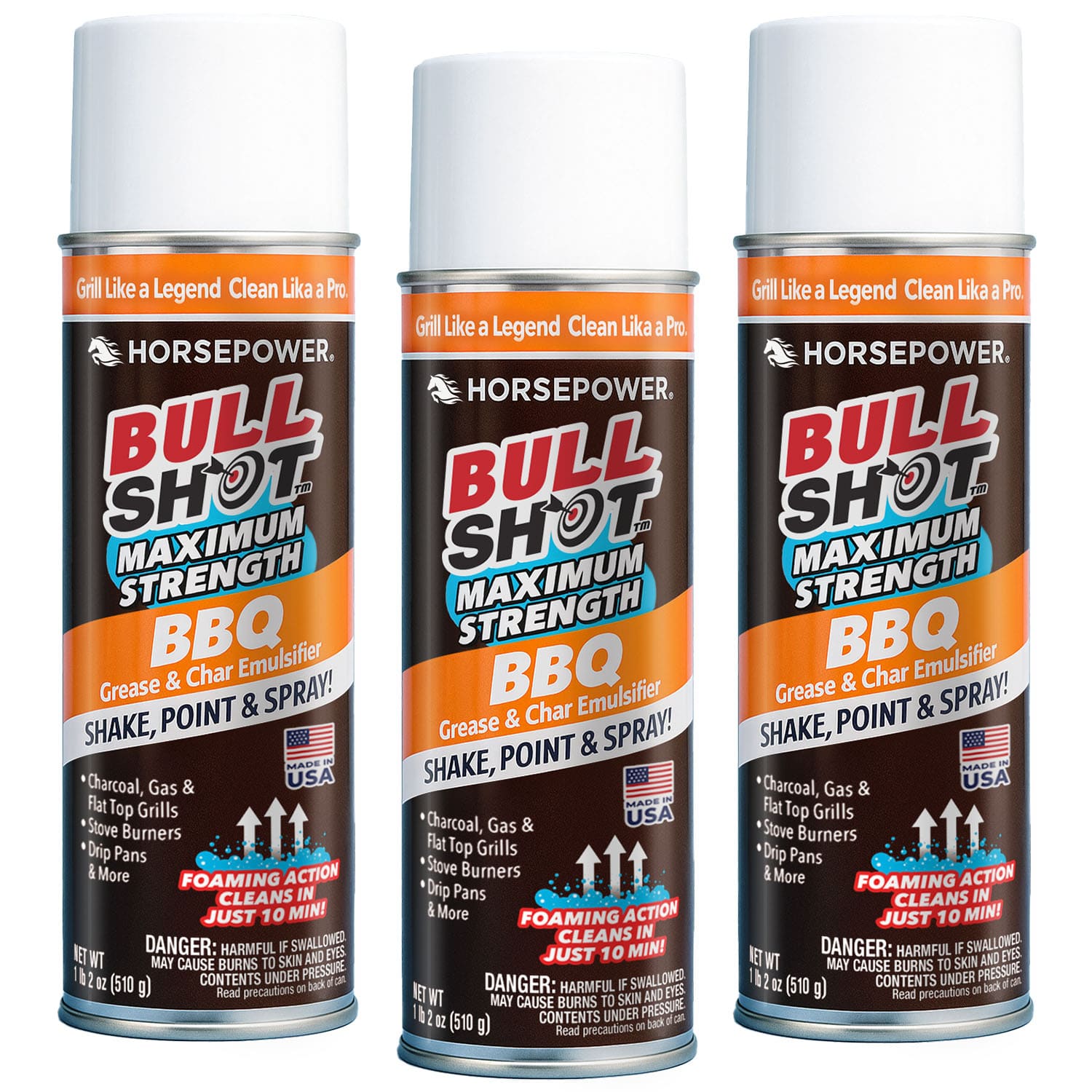Three 12 oz cans of Bull Shot BBQ cleaner are shown. The labels highlight its grease and char emulsifier formula with foaming action, ideal for grills, delivering fast cleaning in just 10 minutes.
