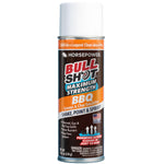 A can of Bull Shot BBQ grease and char emulsifier spray for grills and cookware, labeled for grilling use. Features orange, brown, and blue colors with “shake, point, spray” instructions.