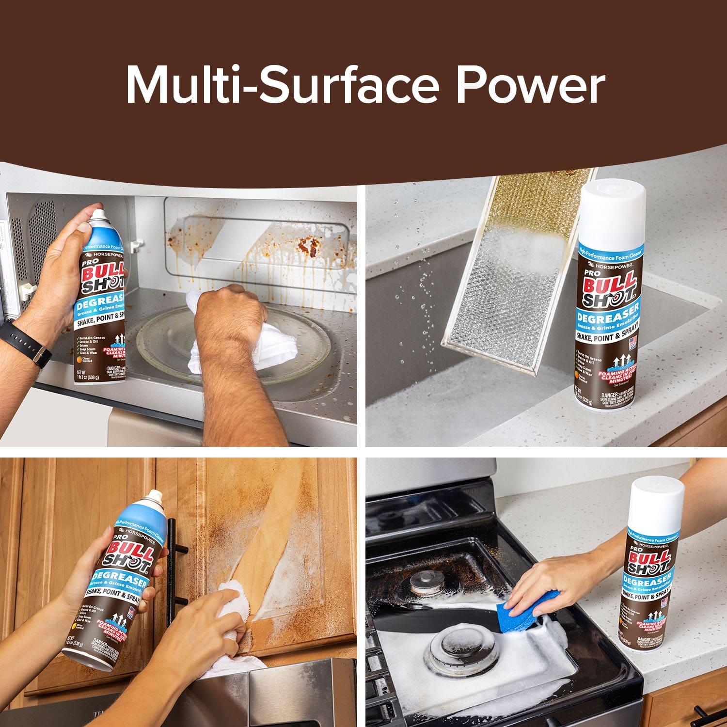Bull Sh*t Multi-Surface Power cleaner being used on various kitchen surfaces.