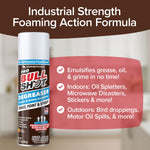 Bull Shot degreaser spray can with text highlighting its industrial strength foaming action formula.