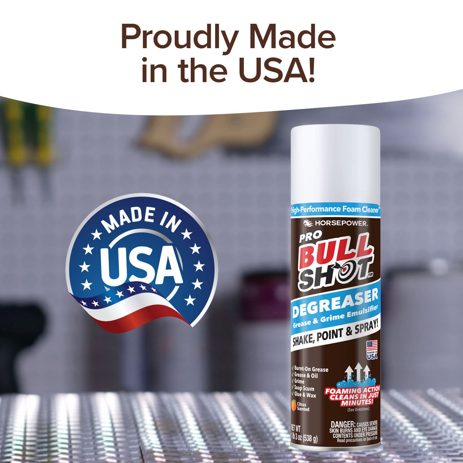 Pro Bull Shot degreaser can with 'Made in USA' logo on a blurred background