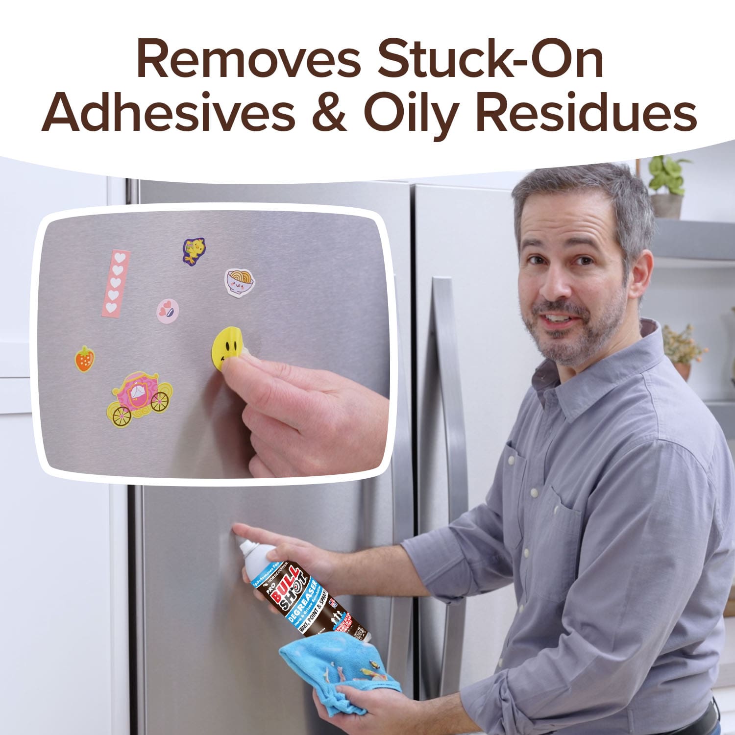 Person cleaning a refrigerator with a cleaning product, with text indicating it removes stuck-on adhesives and oily residues.