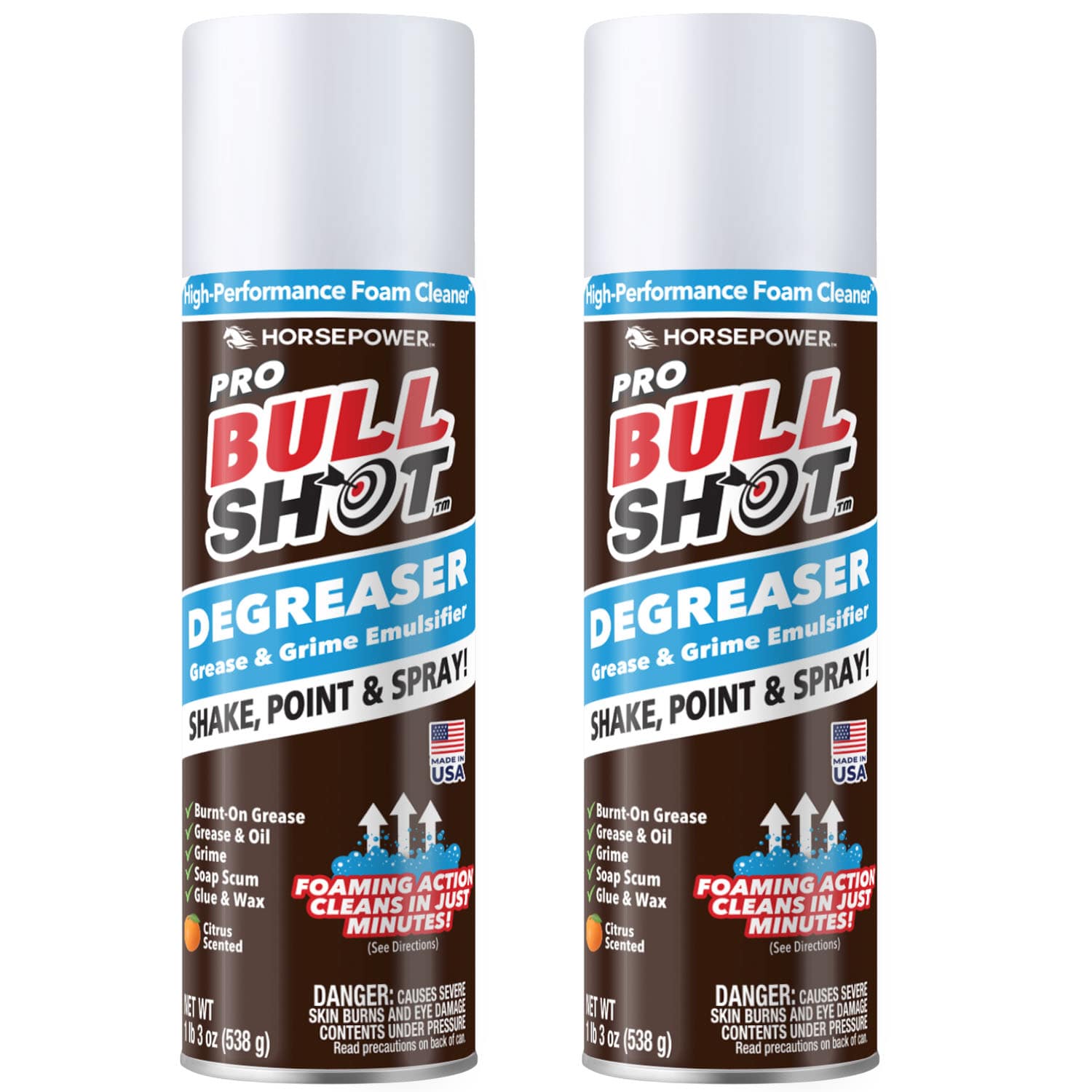 Two cans of Pro Bull Shot Degreaser on a white background