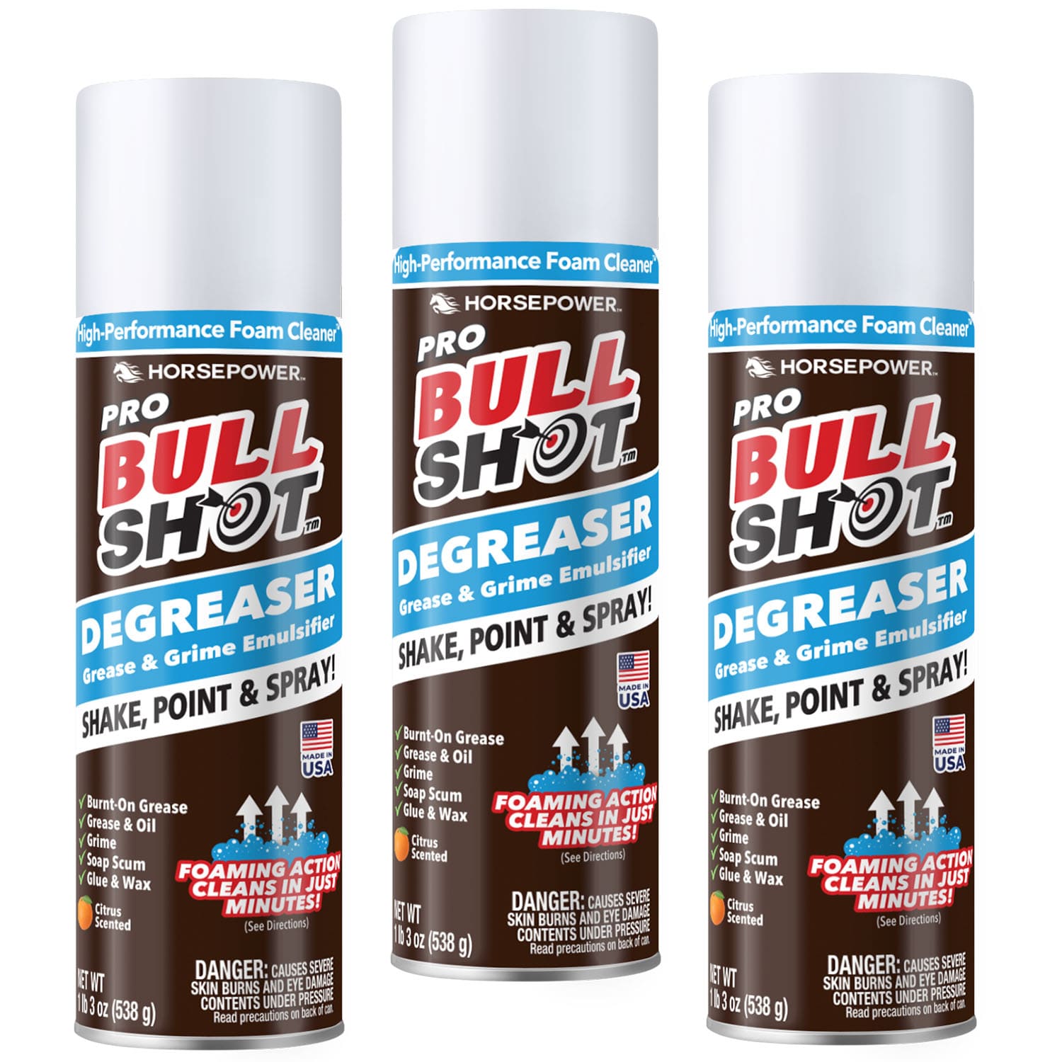 Three cans of Pro Bull Shot degreaser on a white background