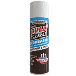 A can of Bull Shot Degreaser with a gray cap, black label, and bold red, white, and blue text highlights its powerful grease removal. Instructions: “Shake, Point & Spray!” for fast foaming action.