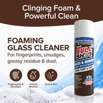 A can of Bull Shot Glass & Mirror sits on snow, with text highlighting its streak-free cleaning of fingerprints, smudges, grease, dust, and dirt. Icons showcase its powerful performance on glass and mirrors.