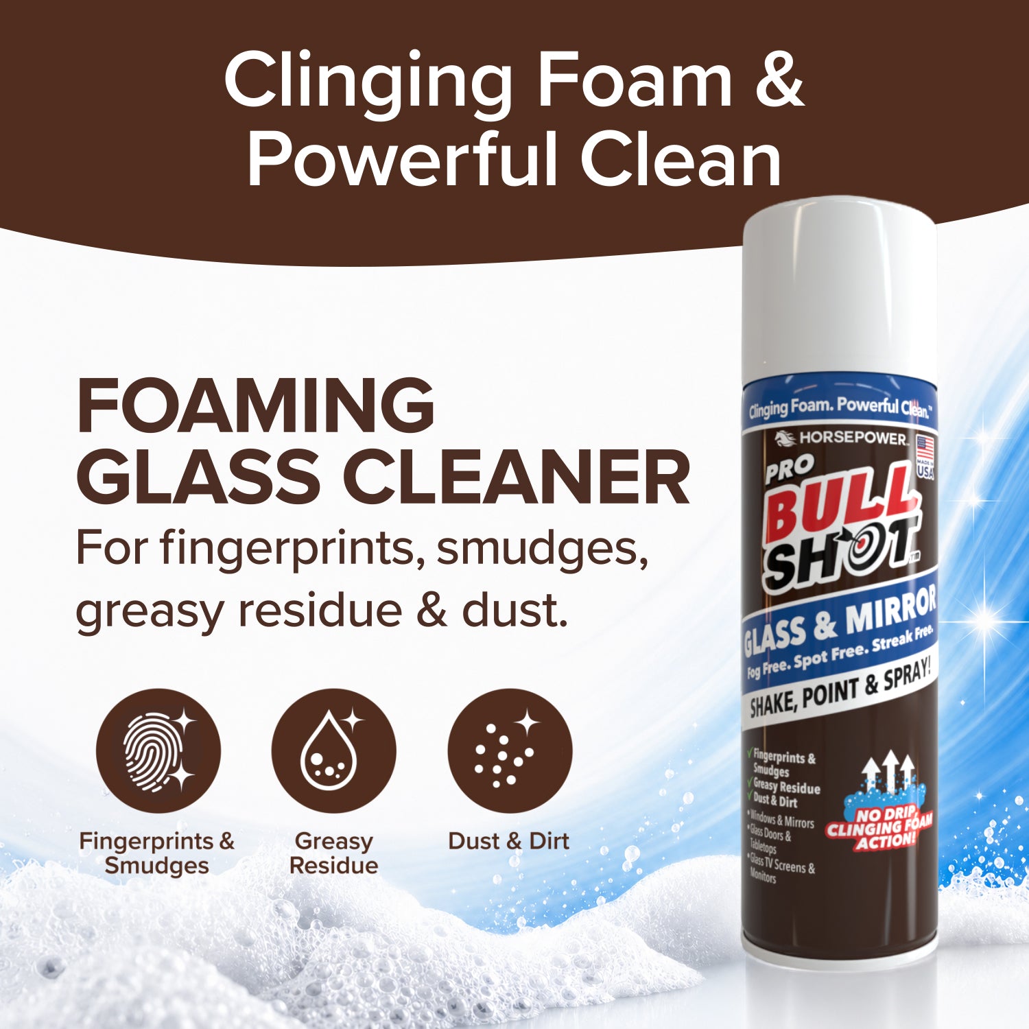 A can of Bull Shot Glass & Mirror sits on snow, with text highlighting its streak-free cleaning of fingerprints, smudges, grease, dust, and dirt. Icons showcase its powerful performance on glass and mirrors.