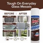 Image of a can of Bull Shot Glass & Mirror beside Before and After photos of mirrors, glass tables, and windows, showing streak-free surfaces. Text: Tough On Everyday Glass Messes.