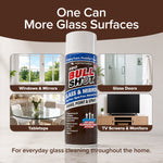 A can of Bull Shot Glass & Mirror is displayed with icons for windows, mirrors, glass doors, tabletops, and TV screens, highlighting its streak-free cleaning for all your home's glass surfaces.