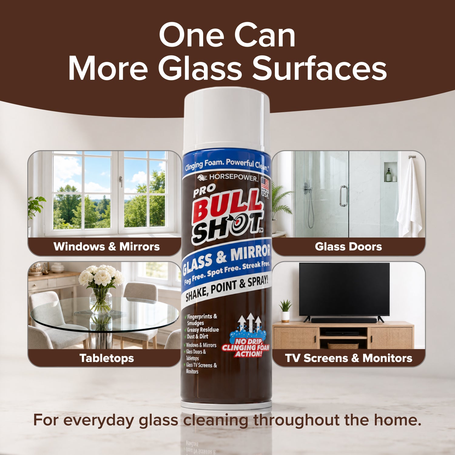 A can of Bull Shot Glass & Mirror is displayed with icons for windows, mirrors, glass doors, tabletops, and TV screens, highlighting its streak-free cleaning for all your home's glass surfaces.
