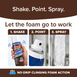 Instructional image for Bull Shot Glass & Mirror: 1. Shake can, 2. Point nozzle, 3. Spray foam. Features a streak-free, no-drip clinging foam and non-ammoniated formula for spotless glass and mirrors.