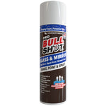 A can of Bull Shot Glass & Mirror cleaner has a white and gray label with red accents and delivers a streak-free, clinging foam for spotless, no-drip cleaning of glass and mirrors.