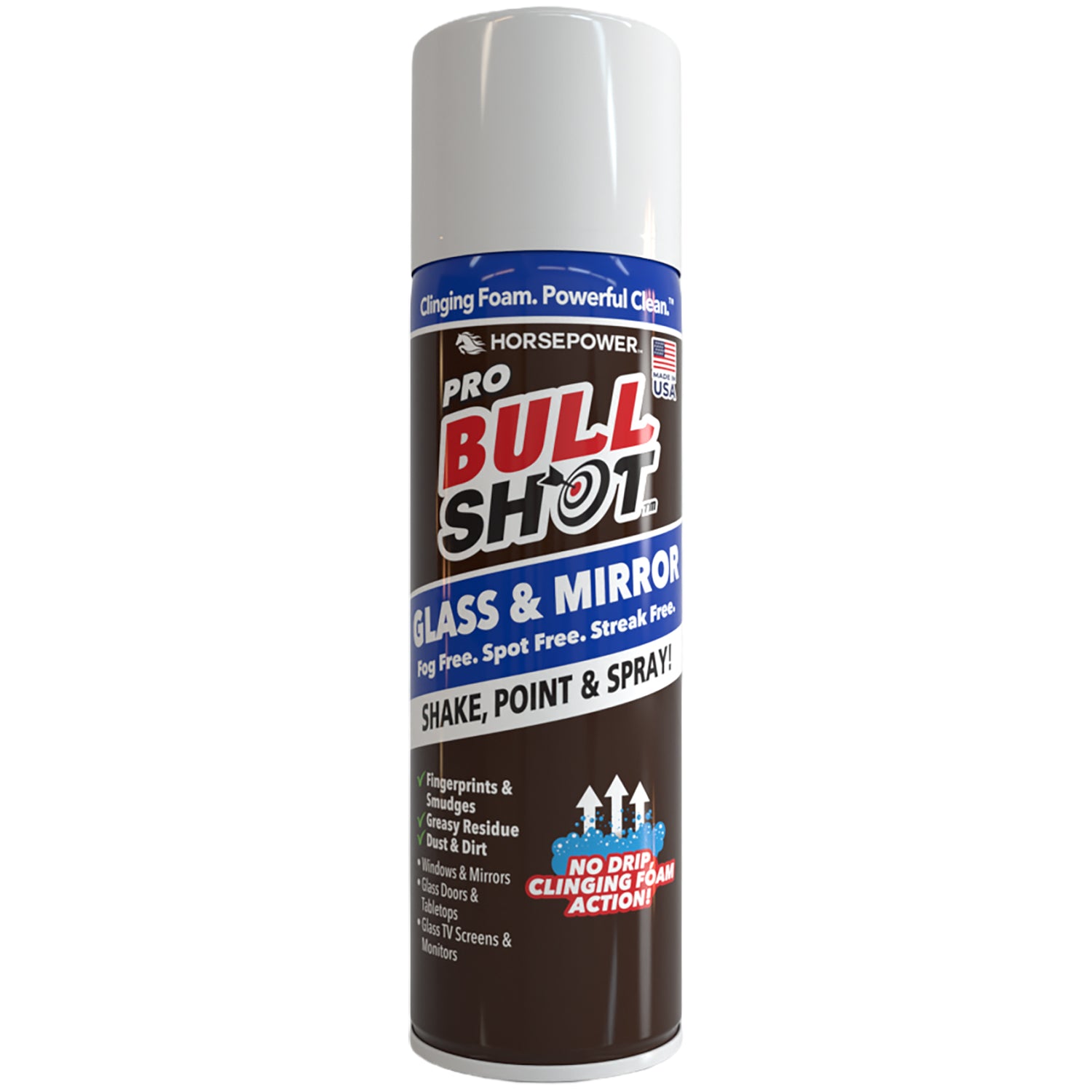 A can of Bull Shot Glass & Mirror cleaner has a white and gray label with red accents and delivers a streak-free, clinging foam for spotless, no-drip cleaning of glass and mirrors.