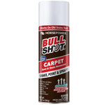 A can of Bull Shot Carpet with a white cap and brown label is a pet-safe foam cleaner that removes tough stains like coffee, mud, wine, and pet messes from carpets.