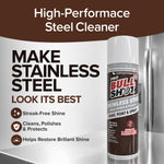 A can of Bull Shot Stainless Steel Cleaner sits on a shiny stainless steel surface, with bold text highlighting its streak-free shine, cleaning, polishing, protection, and brilliance-restoring features.